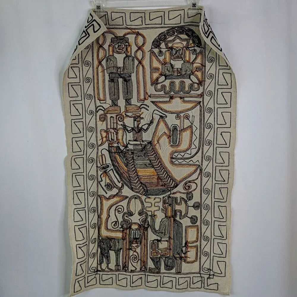 Vintage Embroidered Aztec Mayan Inca Wall Hanging Folk Art Hand Woven Tapestry